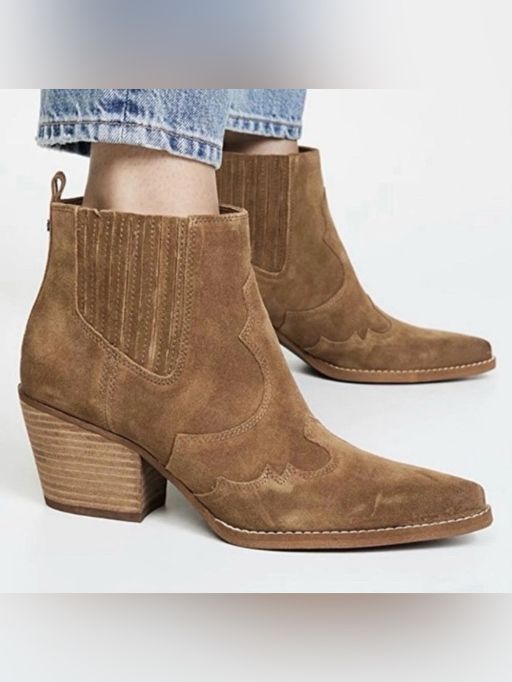 Sam Edelman Winona Western Ankle Boots Women 9 Brown Suede Pointed Toe Cowboy